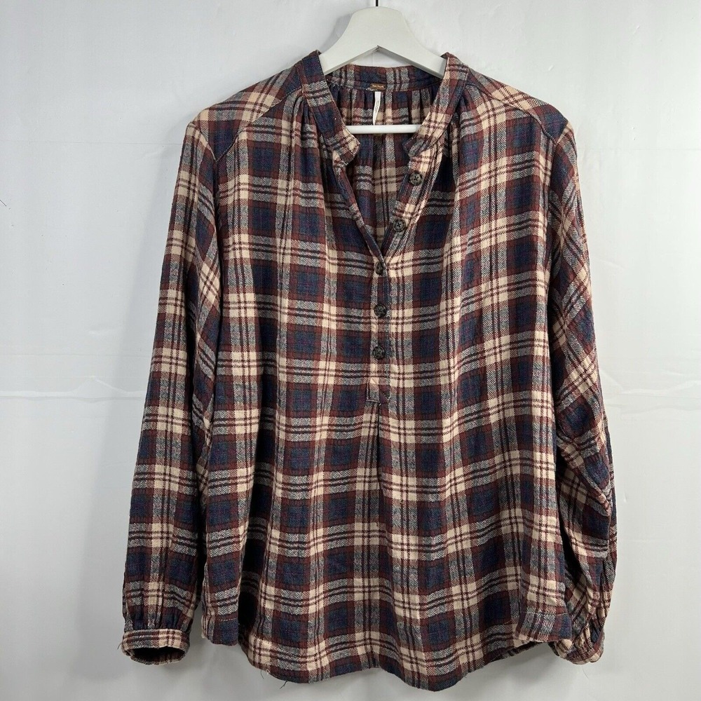 Free People Sz XS Button Front Shirt Northern Bound Plaid Flannel Onyx Oversized - Picture 4 of 11